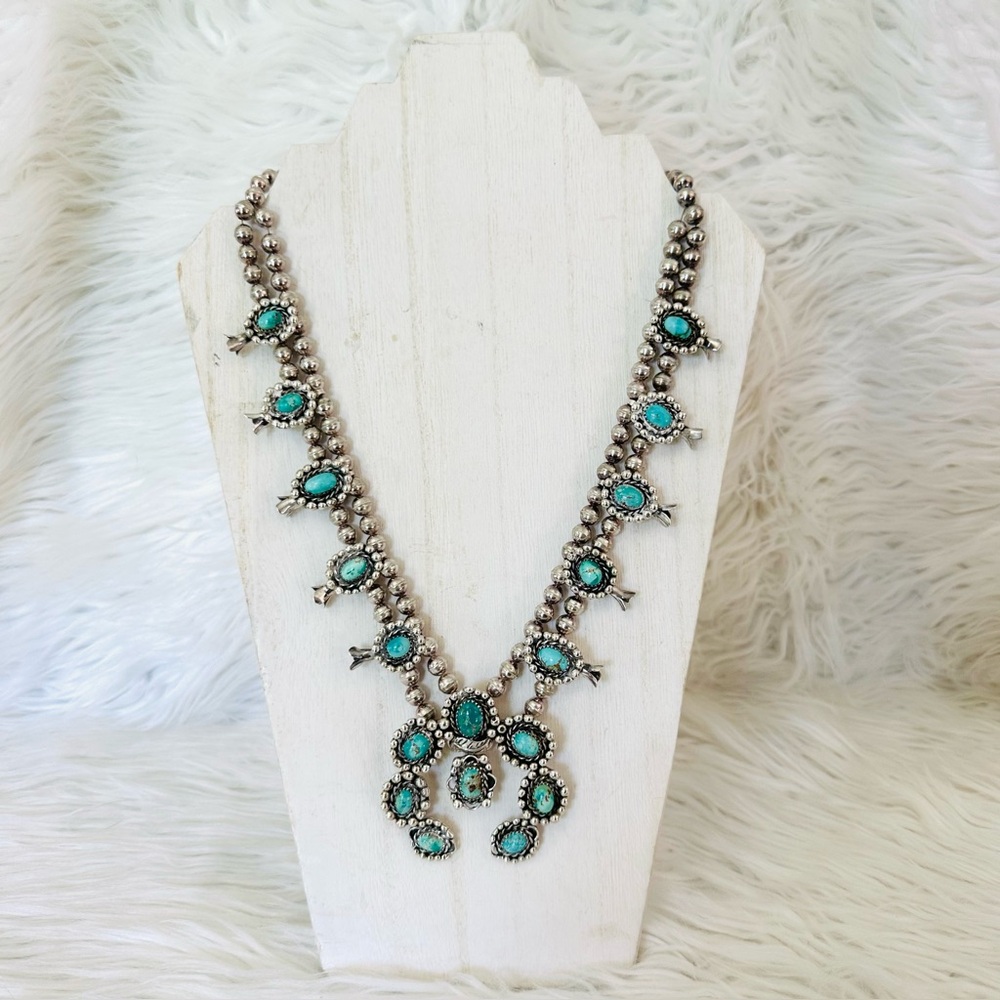 Turquoise Silver Vintage Native American Squash Blossom Necklace